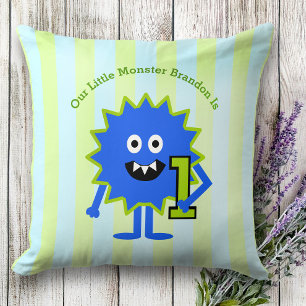 Blauw Groen Onze Kleine Monster Jongen 1e Verjaard Kussen