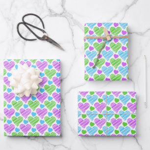 Blauw Groen Paars Hartjes Patroon Inpakpapier Vel
