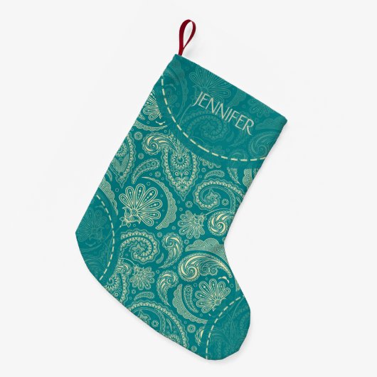 Blauw-groen Paisley Patroon Kleine Kerstsok (Voorkant (Hangend))