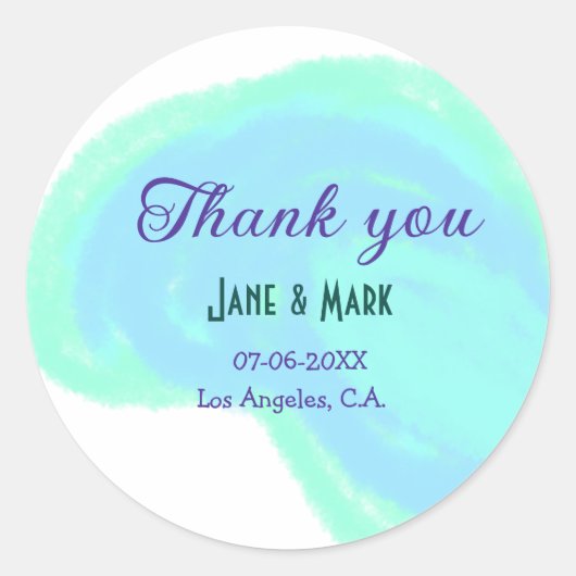 Blauw groen pastel dank u voeg paar naam datum toe ronde sticker (Voorkant)