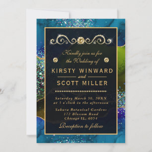 Blauw & Groen Pauw Agate & gouden glitters Bruilof Kaart