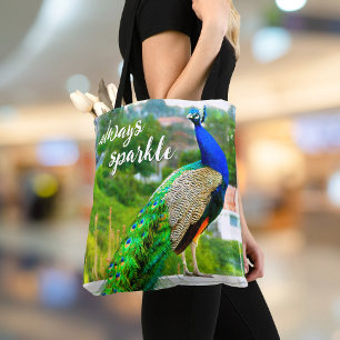 Blauw groen pauw vogel foto altijd sprankelen vet tote bag