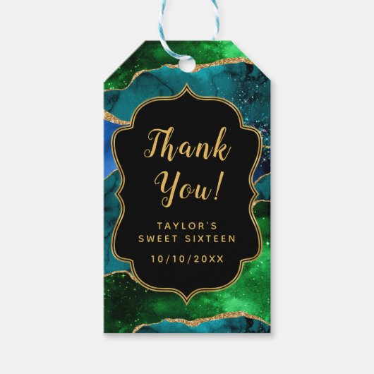 Blauw Groen Peacock Agaat Zoet Zestien Dank u Cadeaulabel (Voorkant)