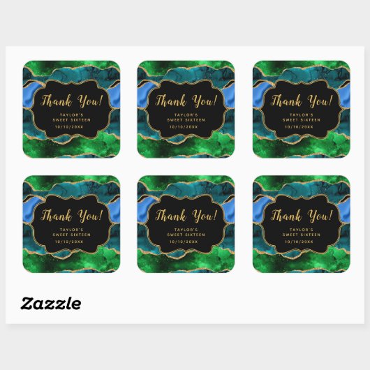 Blauw Groen Peacock Agaat Zoet Zestien Dank u Vierkante Sticker (Vel)