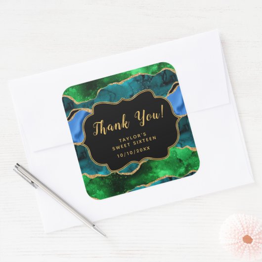 Blauw Groen Peacock Agaat Zoet Zestien Dank u Vierkante Sticker (Envelop)
