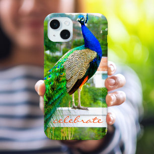 Blauw Groen Peacock Foto Celebrate Script Modern iPhone 15 Mini Hoesje