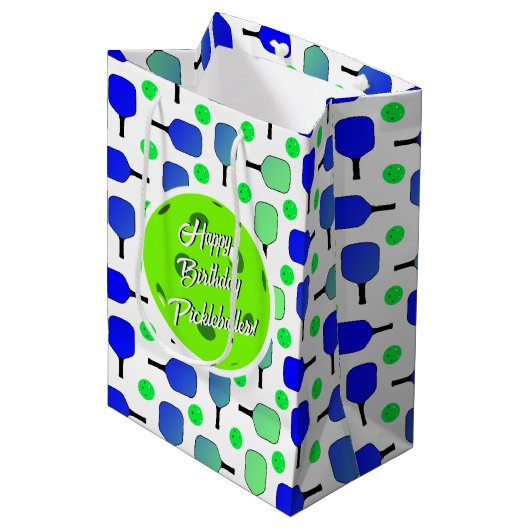 Blauw & Groen Pickleball Paddles Ballen Gepersonal Medium Cadeauzakje (Voorkant Gekanteld)