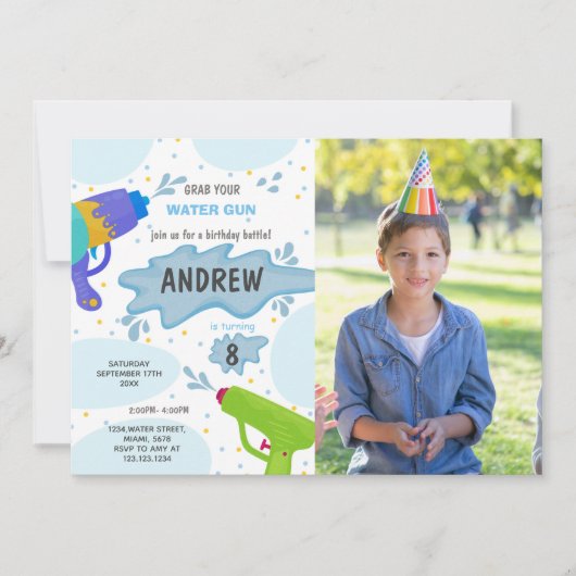 Blauw groen Pistool Birthday Uitnodigingen met fot (Voorkant)