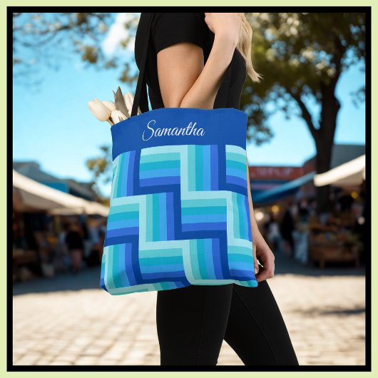 Blauw Groen Quilt Gestreept patroon Tote Bag