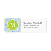 Blauw & Groen Retro Bloemen Damask Aangepast Monog Etiket (Voorkant)