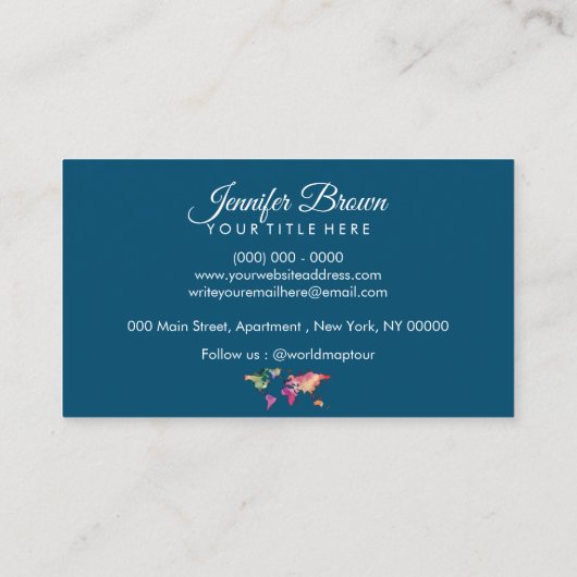 Blauw Groen Retro Kleurrijke Waterverf Wereldkaart Visitekaartje (Achterkant)