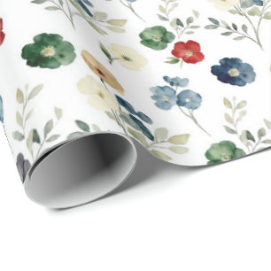 Blauw Groen Rood Bloemmotief Aquarel Cadeaupapier