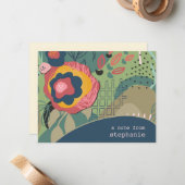 Blauw Groen & Roze Abstracte Bloemen Custom Flat Notitiekaartje (Voorkant / Achterkant in situ)