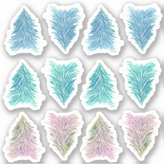 Blauw Groen Roze Aquarel Kerstboom Sticker (Voorkant)