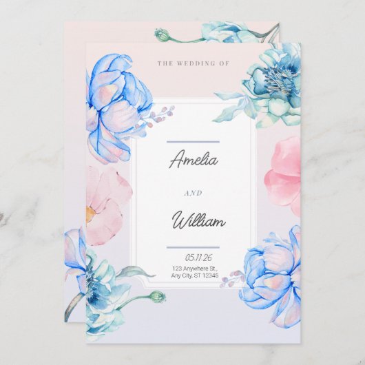 Blauw Groen Roze Bloemig Modern Modieus Aquarel Kaart (Voorkant / Achterkant)