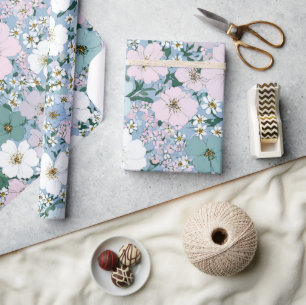 Blauw Groen Roze Ditsy Bloem Boho 70s Vintage  Cadeaupapier