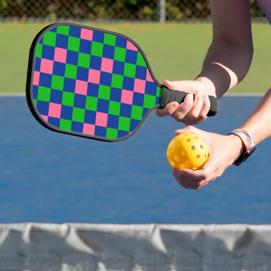 Blauw Groen Roze Geruit Patroonontwerp  Pickleball Paddle (Insitu)