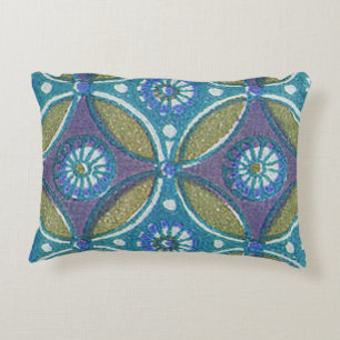Blauw Groen Rustiek Boho Geometrisch Cirkelpatroon Accent Kussen