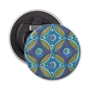 Blauw Groen Rustiek Boho Geometrisch Cirkelpatroon Button Flesopener