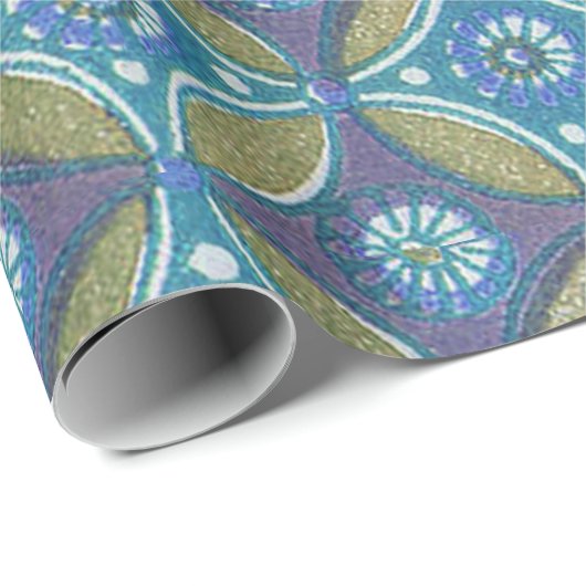 Blauw Groen Rustiek Boho Geometrisch Cirkelpatroon Cadeaupapier (Rol Hoek)