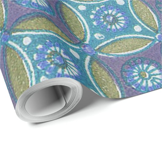 Blauw Groen Rustiek Boho Geometrisch Cirkelpatroon Cadeaupapier (Rol Hoek)