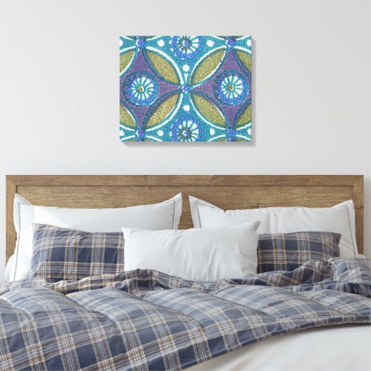Blauw Groen Rustiek Boho Geometrisch Cirkelpatroon Canvas Afdruk (Insitu (Slaapkamer))
