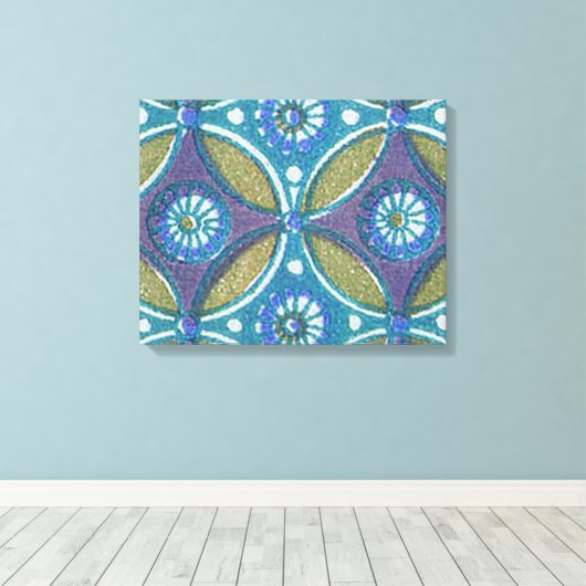 Blauw Groen Rustiek Boho Geometrisch Cirkelpatroon Canvas Afdruk (Insitu (Houten vloer))