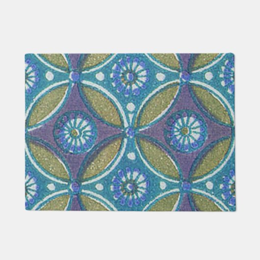 Blauw Groen Rustiek Boho Geometrisch Cirkelpatroon Deurmat (Voorkant)