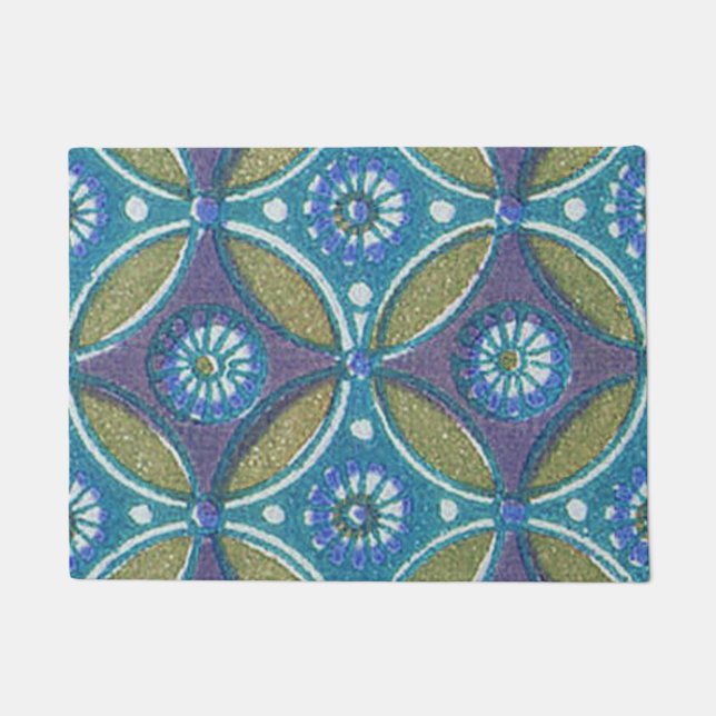 Blauw Groen Rustiek Boho Geometrisch Cirkelpatroon Deurmat (Voorkant)