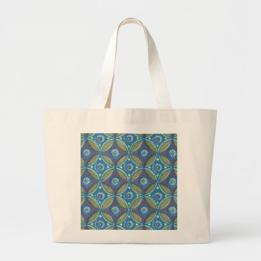 Blauw Groen Rustiek Boho Geometrisch Cirkelpatroon Grote Tote Bag (Voorkant)