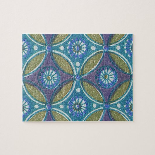 Blauw Groen Rustiek Boho Geometrisch Cirkelpatroon Legpuzzel (Horizontaal)