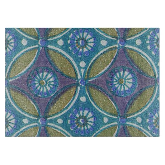 Blauw Groen Rustiek Boho Geometrisch Cirkelpatroon Snijplank (Voorkant)