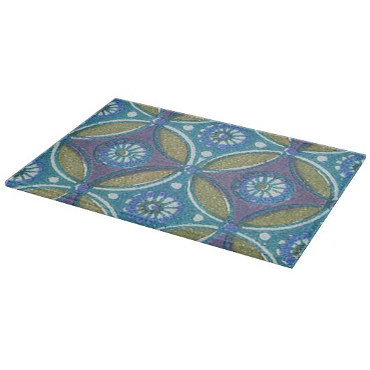 Blauw Groen Rustiek Boho Geometrisch Cirkelpatroon Snijplank (Hoek)