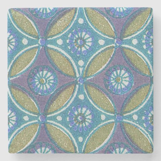 Blauw Groen Rustiek Boho Geometrisch Cirkelpatroon Stenen Onderzetter (Voorkant)