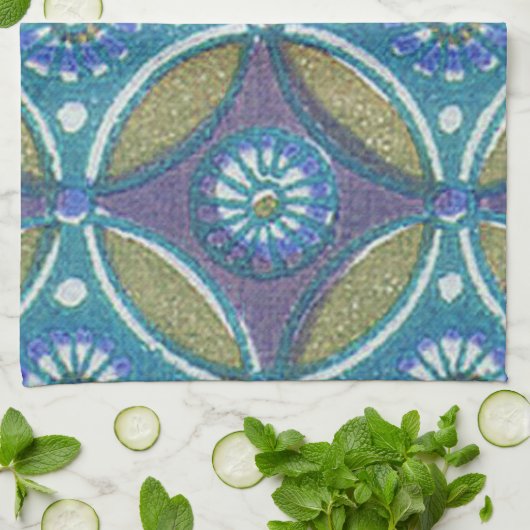 Blauw Groen Rustiek Boho Geometrisch Cirkelpatroon Theedoek (Gevouwen)
