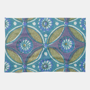 Blauw Groen Rustiek Boho Geometrisch Cirkelpatroon Theedoek
