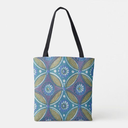 Blauw Groen Rustiek Boho Geometrisch Cirkelpatroon Tote Bag (Achterkant)
