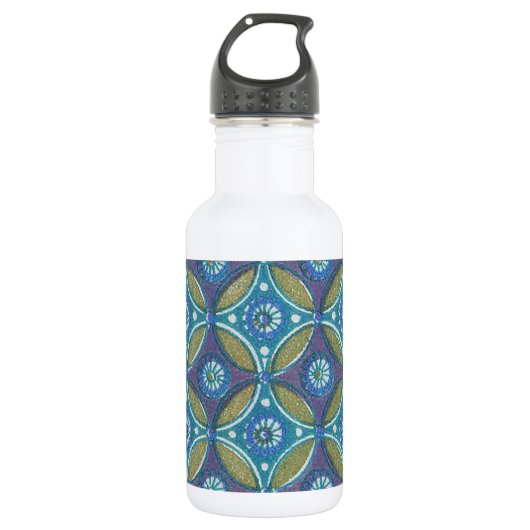 Blauw Groen Rustiek Boho Geometrisch Cirkelpatroon Waterfles (Voorkant)