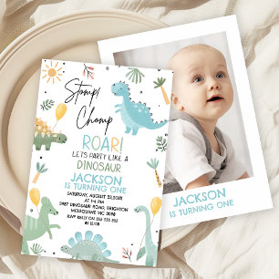 Blauw Groen Schattige Foto Dinosaurus Theme Verjaa Kaart