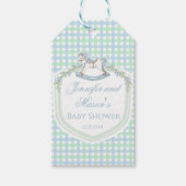 Blauw groen schommelend paard baby jongen douche d cadeaulabel (Voorkant)