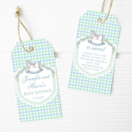 Blauw groen schommelend paard baby jongen douche d cadeaulabel