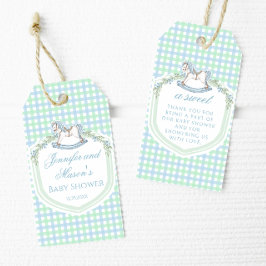 Blauw groen schommelend paard baby jongen douche d cadeaulabel