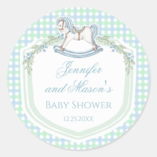 Blauw groen schommelend paard gingham baby boy dou ronde sticker