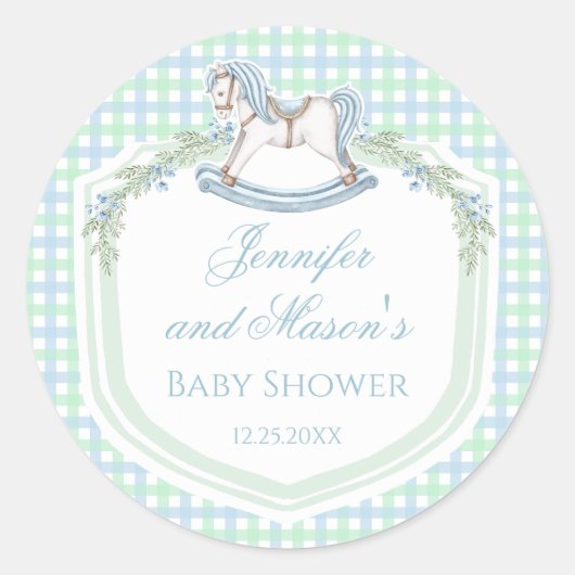 Blauw groen schommelend paard gingham baby boy dou ronde sticker (Voorkant)