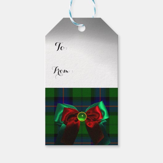 BLAUW GROEN SCOTTISH TARTAN MET CHRISTMAS BOWS CADEAULABEL (Voorkant)