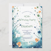 Blauw Groen Sinaasappel Bloemen Waterverf 40ste Ve Kaart (Voorkant)