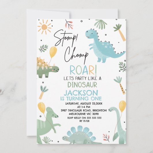 Blauw Groen Stomp Chomp Party Dinosaurus 1e Verjaa Kaart (Voorkant)