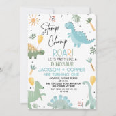 Blauw Groen Stomp Chomp Twins Dinosaurus 1e Verjaa Kaart (Voorkant)