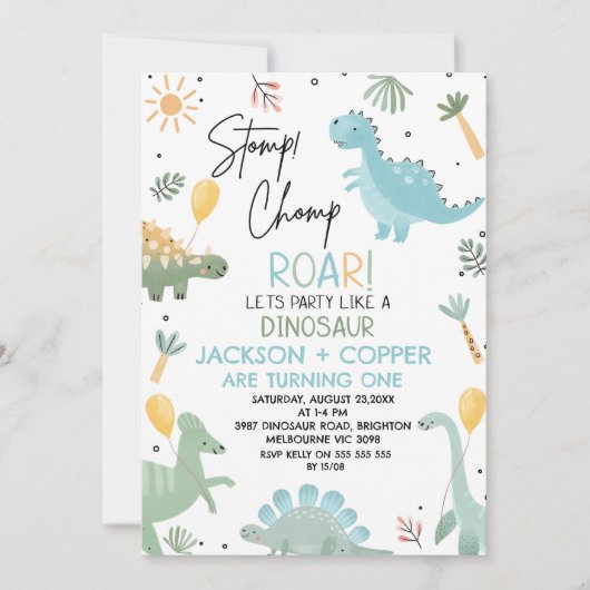 Blauw Groen Stomp Chomp Twins Dinosaurus 1e Verjaa Kaart (Voorkant)