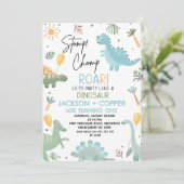 Blauw Groen Stomp Chomp Twins Dinosaurus 1e Verjaa Kaart (Staand voorkant)